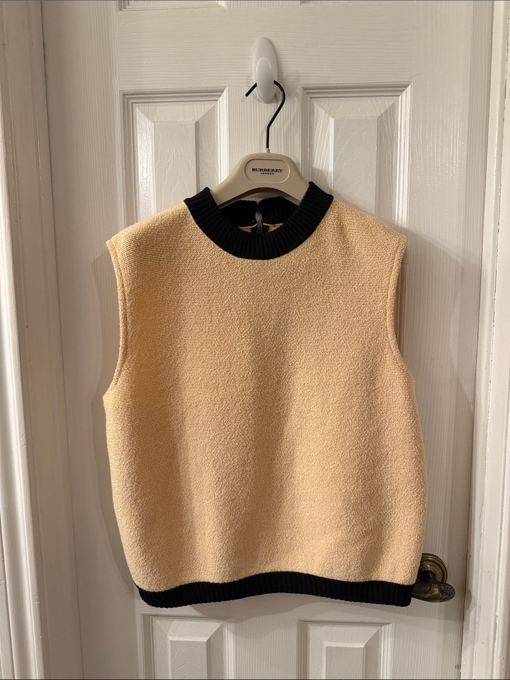 St. John Collection Cream Sleeveless Knit Vest with Black Trim